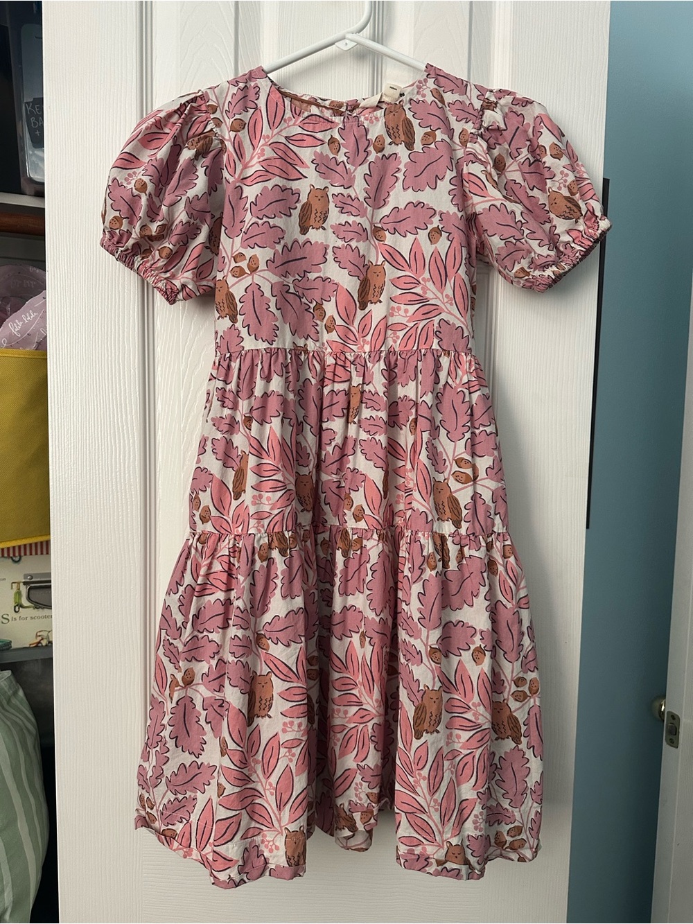Mini Boden Pink and Brown Owl and Leaf Print Dress